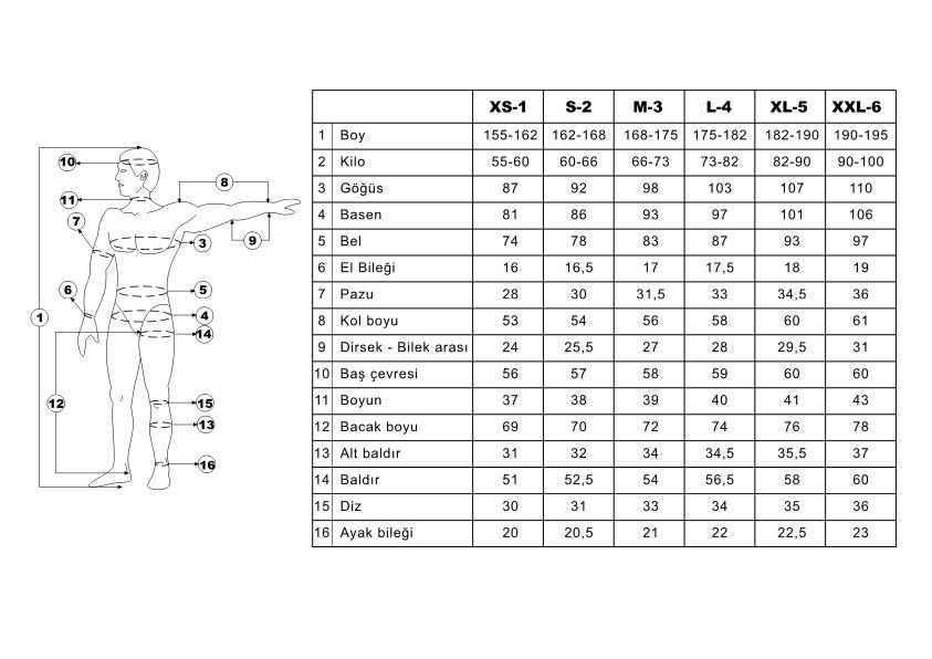 Dalış Elbisesi Beden Ölçü Tablosu